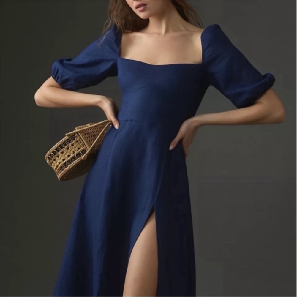 Reformation Belgium Midi Dress Linen Navy Blue Size 4 - Picture 3 of 12